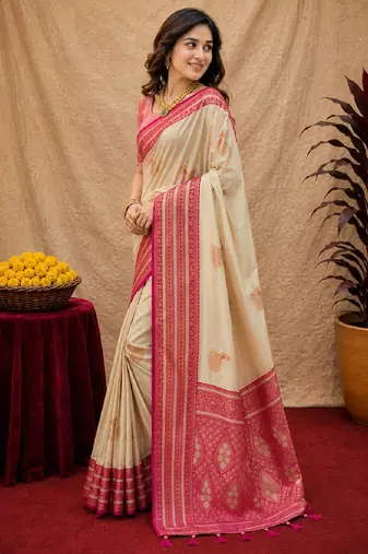 off white pink pink soft silk blend with jacquard woven work saree with unstitched blouse piece