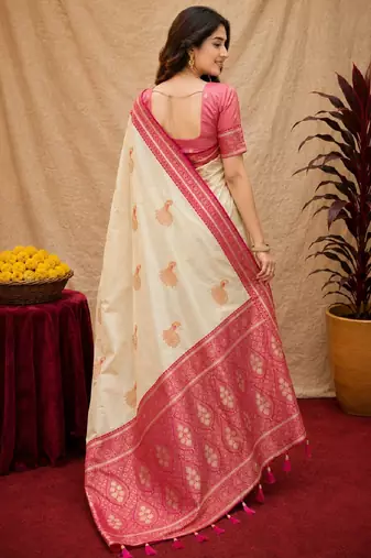 off white pink pink soft silk blend with jacquard woven work saree with unstitched blouse piece