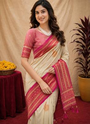 off white pink pink soft silk blend with jacquard woven work saree with unstitched blouse piece 5