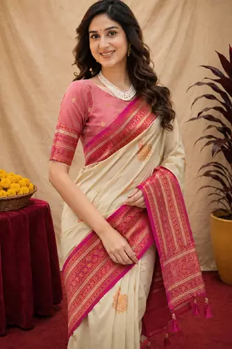 off white pink pink soft silk blend with jacquard woven work saree with unstitched blouse piece
