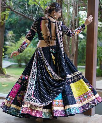 Black Cotton Navratri Mirror Work Lehenga Choli With Dupatta 2