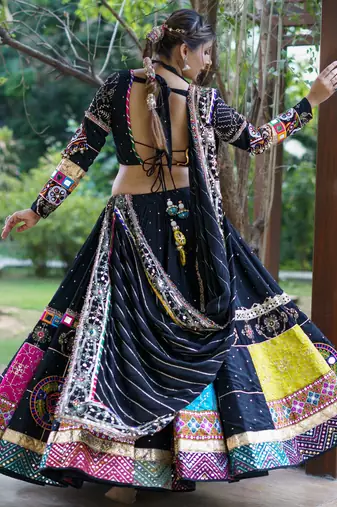 Black Cotton Navratri Mirror Work Lehenga Choli With Dupatta