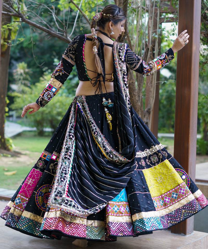 Black Cotton Navratri Mirror Work Lehenga Choli With Dupatta