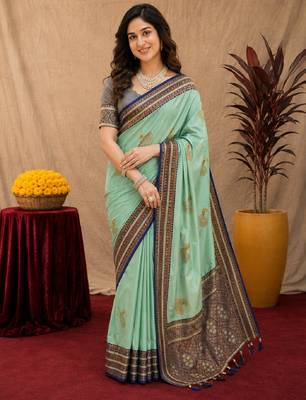 teal green soft silk blend with jacquard woven work saree with unstitched blouse piece 1