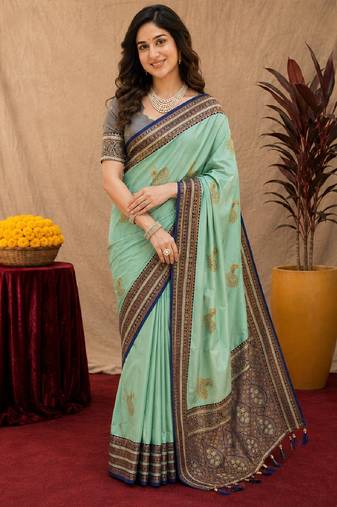 teal green soft silk blend with jacquard woven work saree with unstitched blouse piece