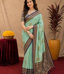 teal green soft silk blend with jacquard woven work saree with unstitched blouse piece
