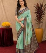 teal green soft silk blend with jacquard woven work saree with unstitched blouse piece