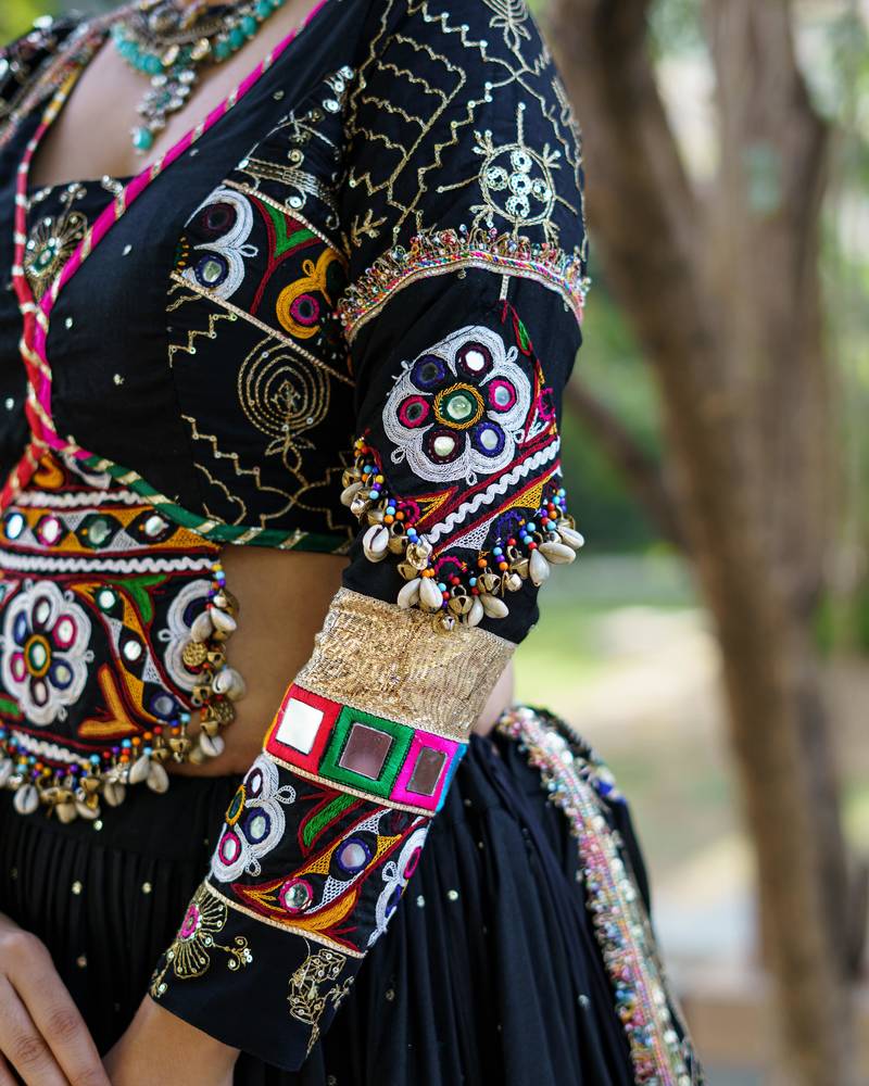 Black Cotton Navratri Mirror Work Lehenga Choli With Dupatta