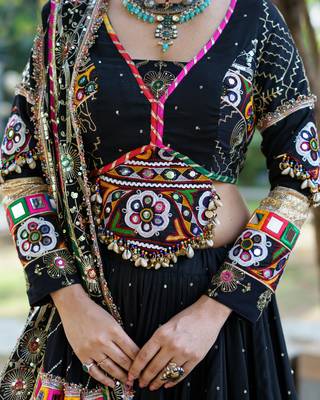 Black Cotton Navratri Mirror Work Lehenga Choli With Dupatta 4