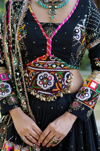 Black Cotton Navratri Mirror Work Lehenga Choli With Dupatta