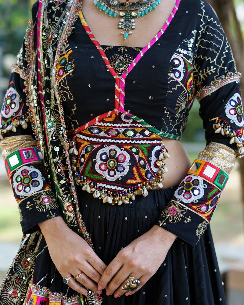 Black Cotton Navratri Mirror Work Lehenga Choli With Dupatta