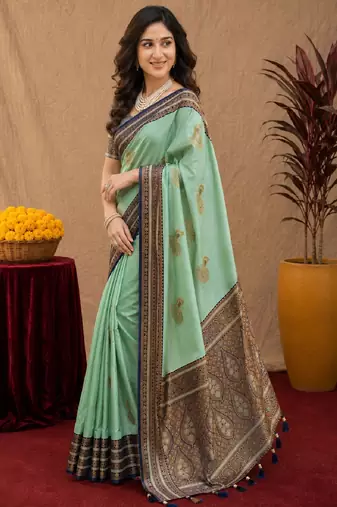 teal green soft silk blend with jacquard woven work saree with unstitched blouse piece
