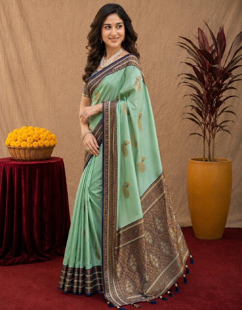 teal green soft silk blend with jacquard woven work saree with unstitched blouse piece