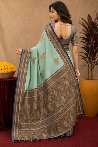 teal green soft silk blend with jacquard woven work saree with unstitched blouse piece
