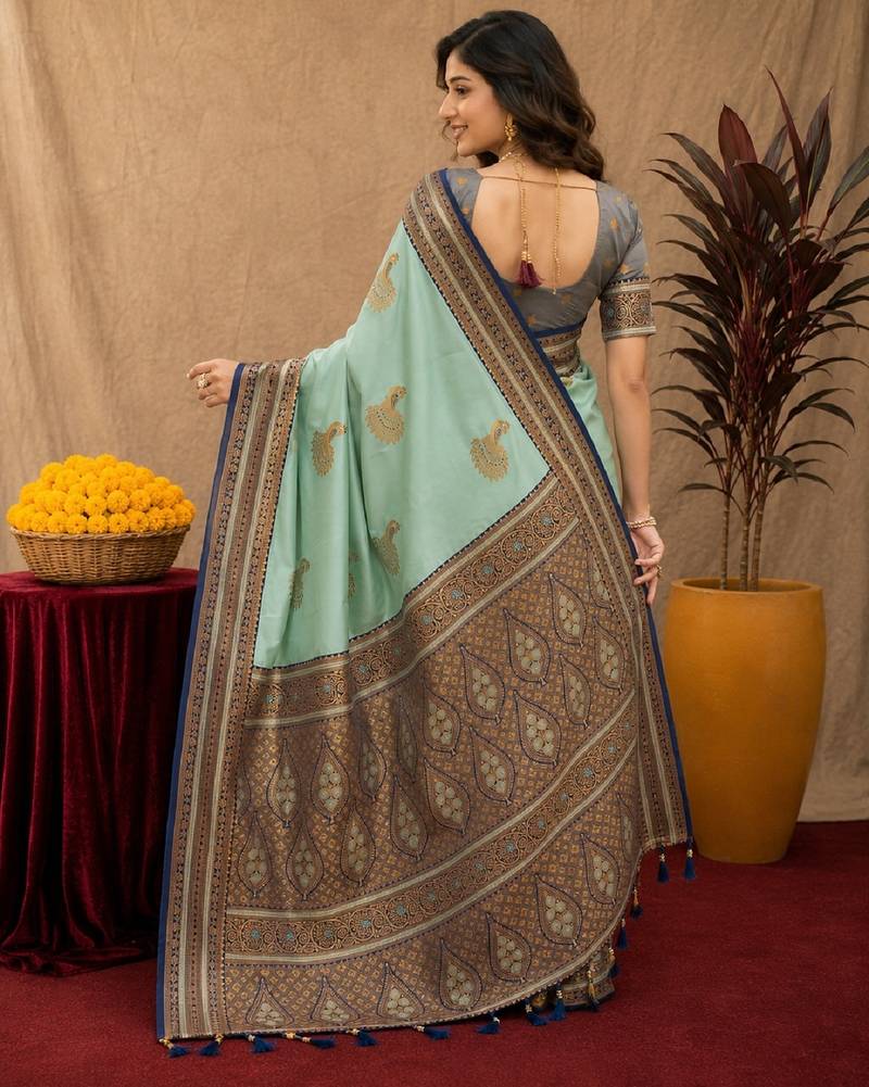 teal green soft silk blend with jacquard woven work saree with unstitched blouse piece