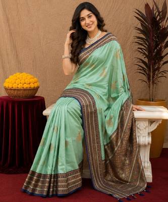 teal green soft silk blend with jacquard woven work saree with unstitched blouse piece 4