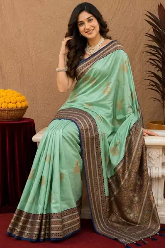 teal green soft silk blend with jacquard woven work saree with unstitched blouse piece