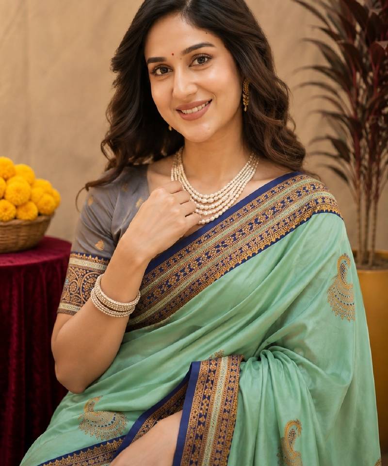 teal green soft silk blend with jacquard woven work saree with unstitched blouse piece