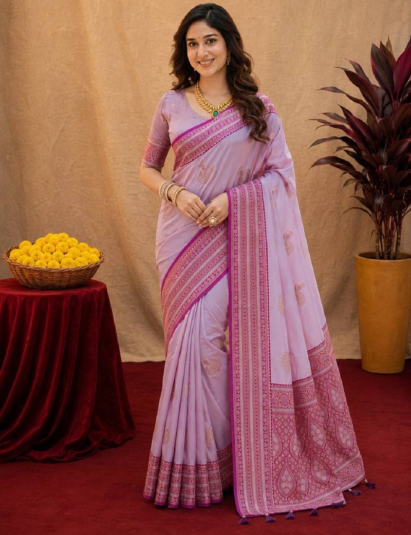lavender soft silk blend with jacquard woven work saree with unstitched blouse piece
