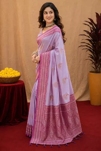 lavender soft silk blend with jacquard woven work saree with unstitched blouse piece