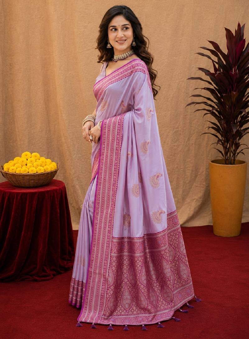 lavender soft silk blend with jacquard woven work saree with unstitched blouse piece