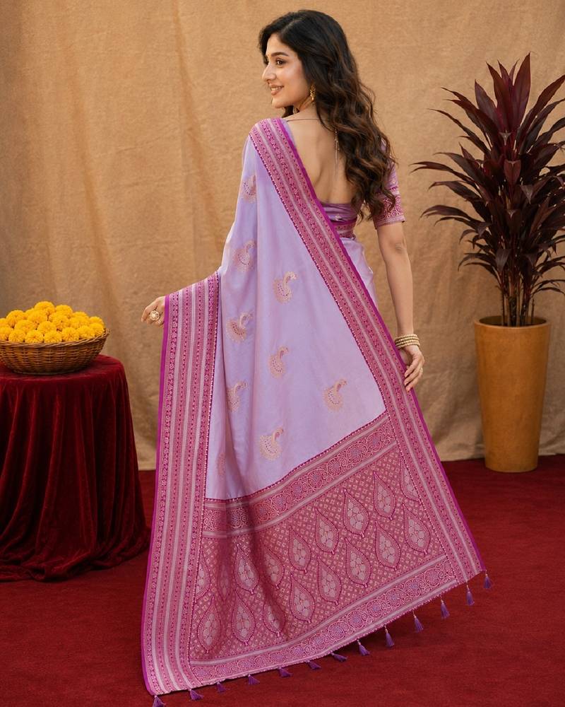 lavender soft silk blend with jacquard woven work saree with unstitched blouse piece