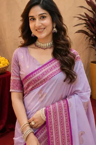 lavender soft silk blend with jacquard woven work saree with unstitched blouse piece