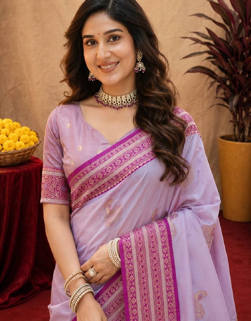 lavender soft silk blend with jacquard woven work saree with unstitched blouse piece