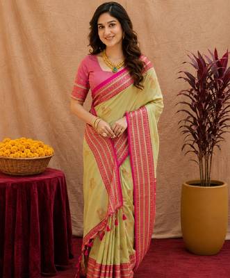 pista green soft silk blend with jacquard woven work saree with unstitched blouse piece 1