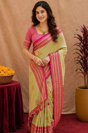 pista green soft silk blend with jacquard woven work saree with unstitched blouse piece