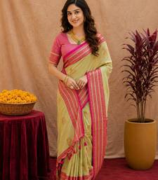 pista green soft silk blend with jacquard woven work saree with unstitched blouse piece