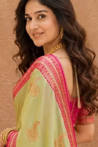 pista green soft silk blend with jacquard woven work saree with unstitched blouse piece