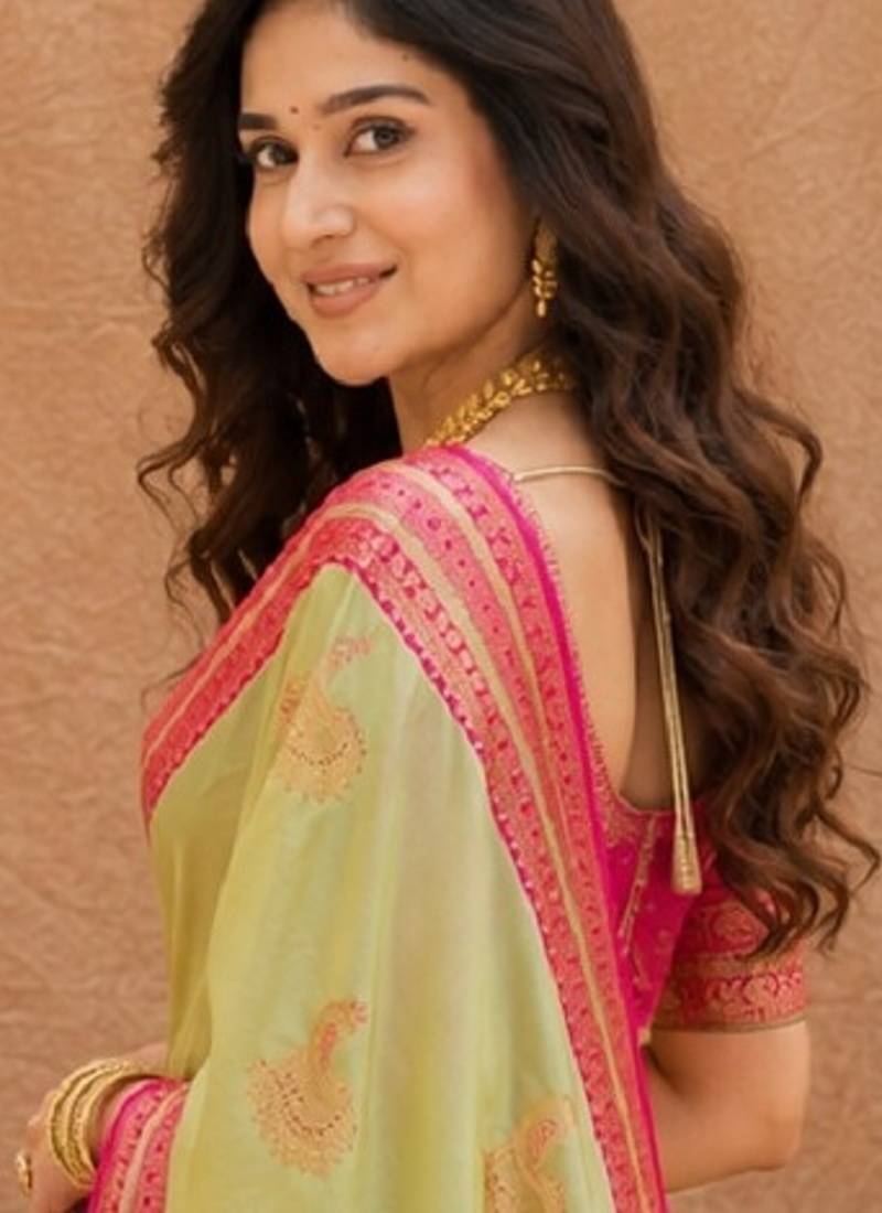 pista green soft silk blend with jacquard woven work saree with unstitched blouse piece