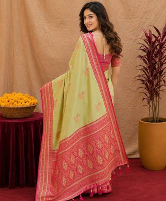 pista green soft silk blend with jacquard woven work saree with unstitched blouse piece 3