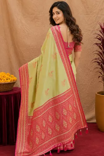 pista green soft silk blend with jacquard woven work saree with unstitched blouse piece