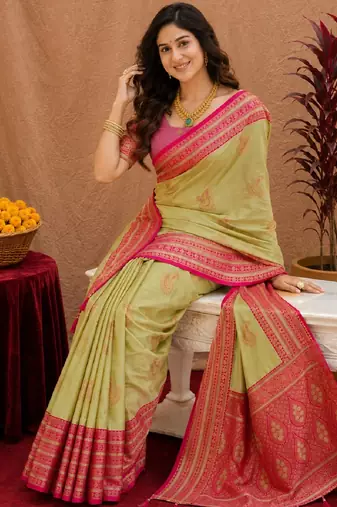 pista green soft silk blend with jacquard woven work saree with unstitched blouse piece