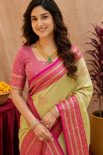 pista green soft silk blend with jacquard woven work saree with unstitched blouse piece