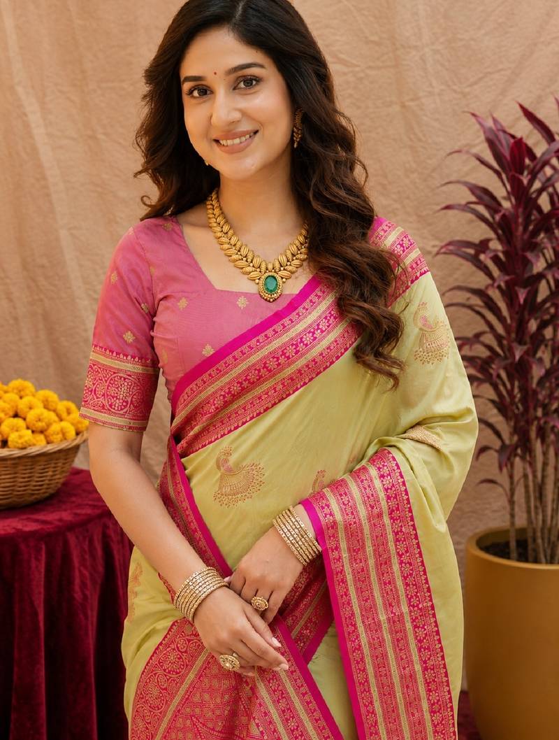 pista green soft silk blend with jacquard woven work saree with unstitched blouse piece