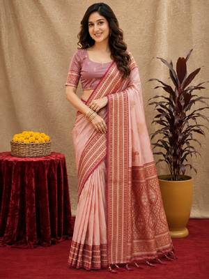 peach soft silk blend with jacquard woven work saree with unstitched blouse piece 1