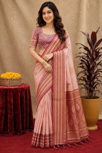 peach soft silk blend with jacquard woven work saree with unstitched blouse piece