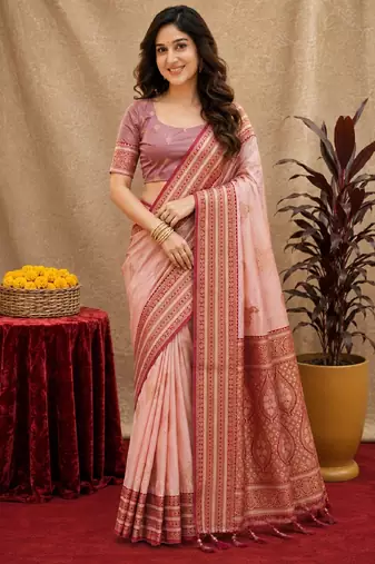 peach soft silk blend with jacquard woven work saree with unstitched blouse piece
