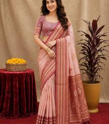 peach soft silk blend with jacquard woven work saree with unstitched blouse piece