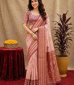 peach soft silk blend with jacquard woven work saree with unstitched blouse piece