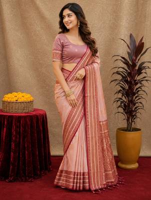 peach soft silk blend with jacquard woven work saree with unstitched blouse piece 2