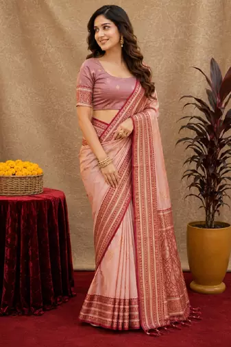 peach soft silk blend with jacquard woven work saree with unstitched blouse piece