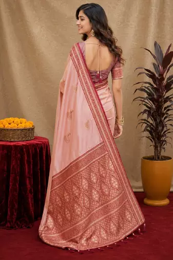 peach soft silk blend with jacquard woven work saree with unstitched blouse piece