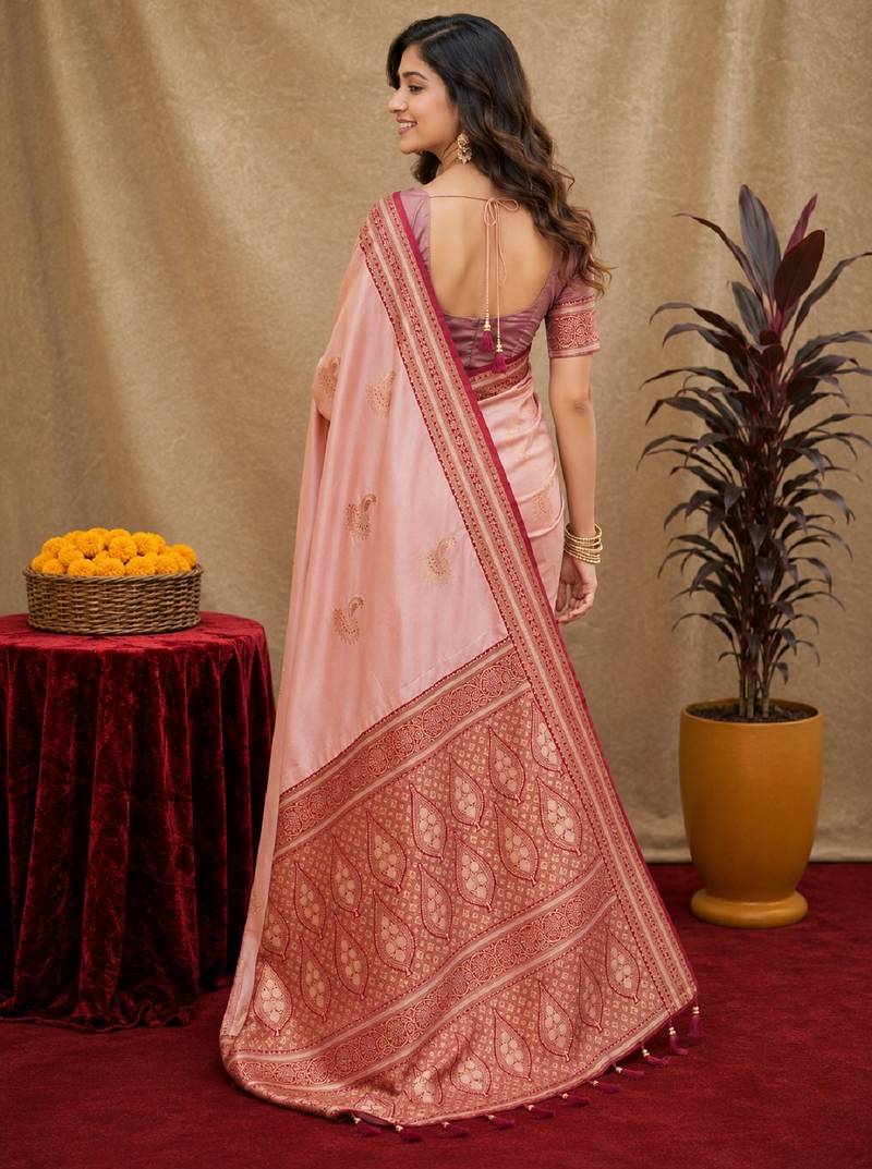 peach soft silk blend with jacquard woven work saree with unstitched blouse piece