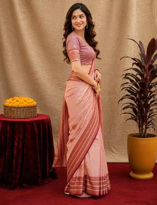 peach soft silk blend with jacquard woven work saree with unstitched blouse piece 4