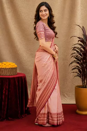 peach soft silk blend with jacquard woven work saree with unstitched blouse piece