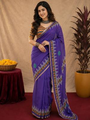 Purple orange linen digital print work saree with unstitched blouse piece 1